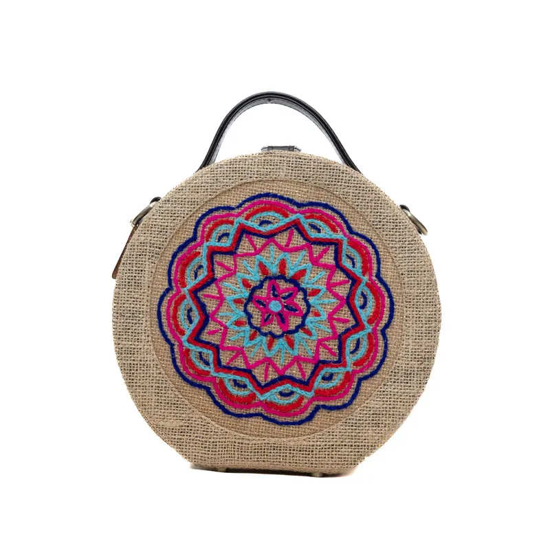 Mandala hand embroidered round jute bag