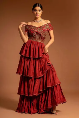 Maroon Off Shoulder Tiered Dress