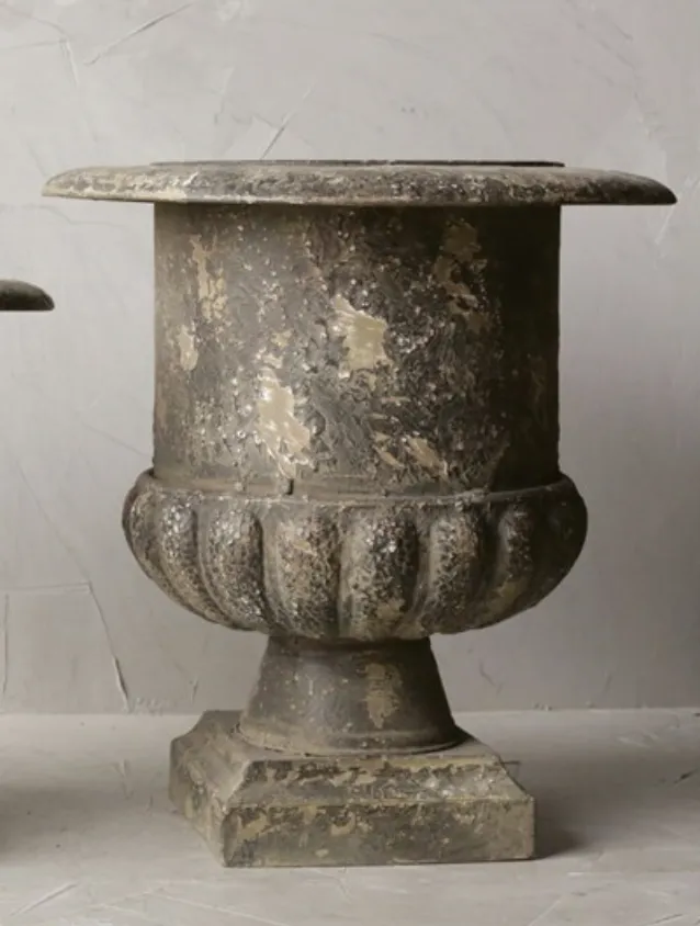 METAL URN, DISTRESSED BLACK FINISH