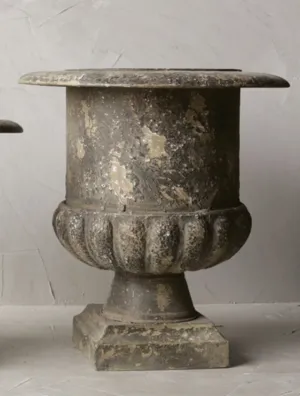 METAL URN, DISTRESSED BLACK FINISH