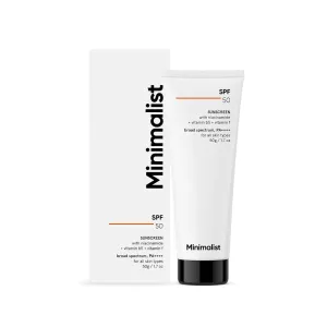 minimalist SPF50 Sunscreen Cream SPF 50 Lightweight, No White Cast, Broad Spectrum PA     , Acne Safe, For Men & Women, 50 gm