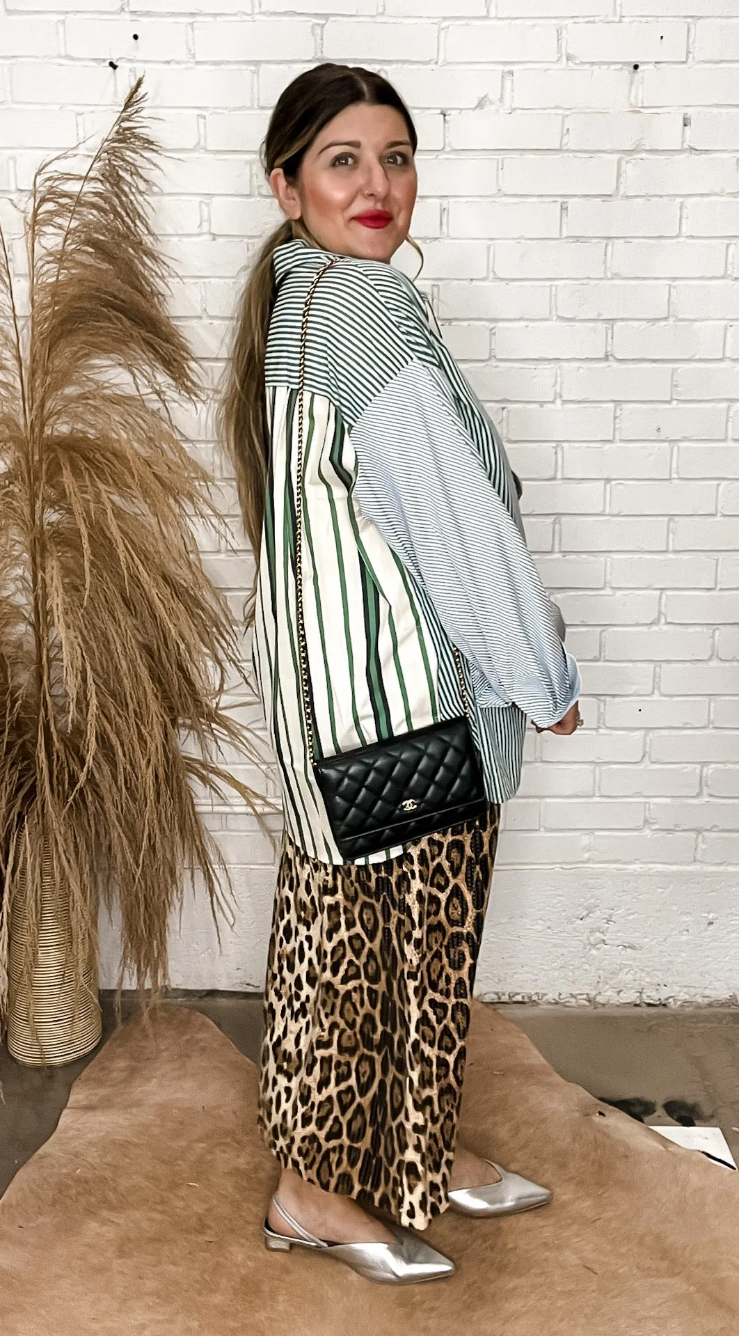 Mixed media Green Striped Button Down