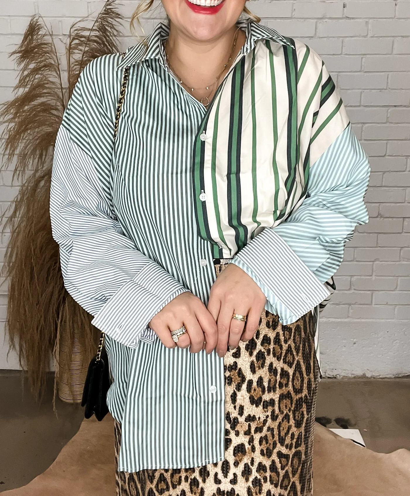 Mixed media Green Striped Button Down