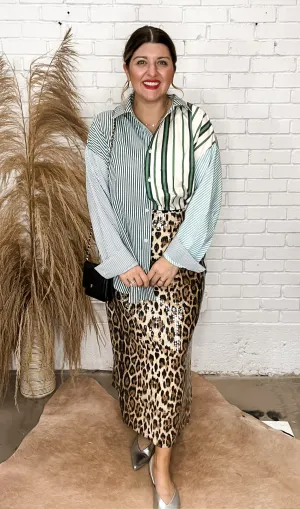 Mixed media Green Striped Button Down