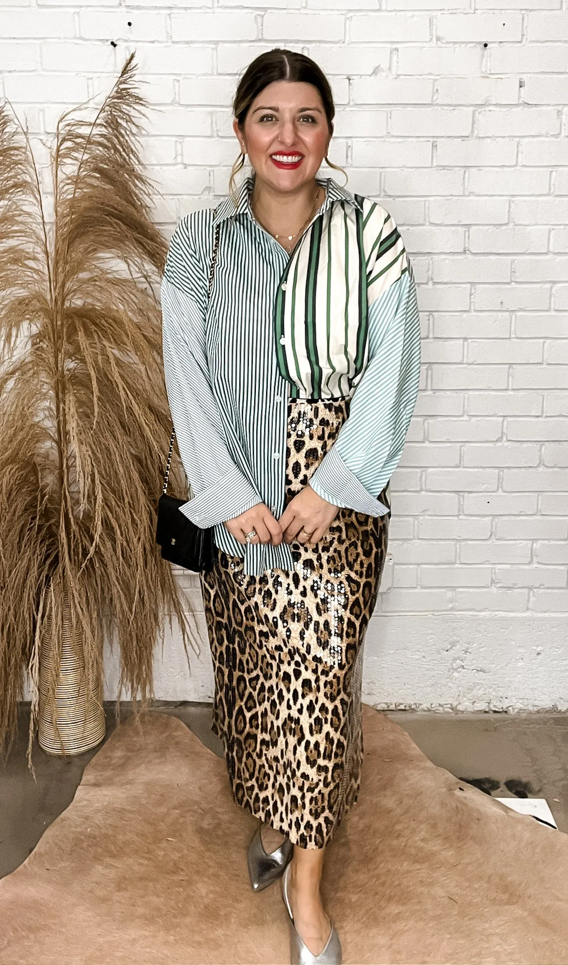 Mixed media Green Striped Button Down