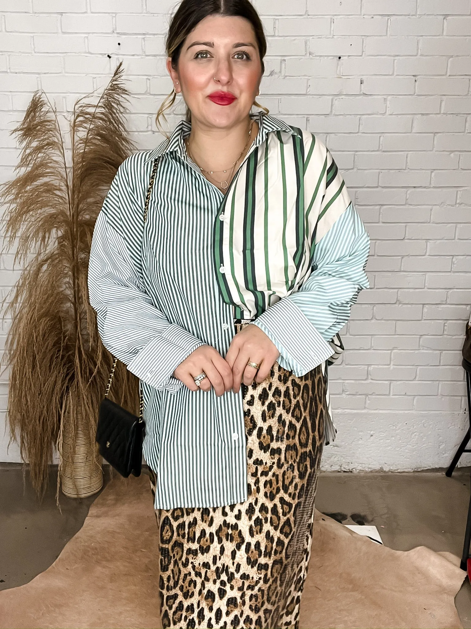 Mixed media Green Striped Button Down