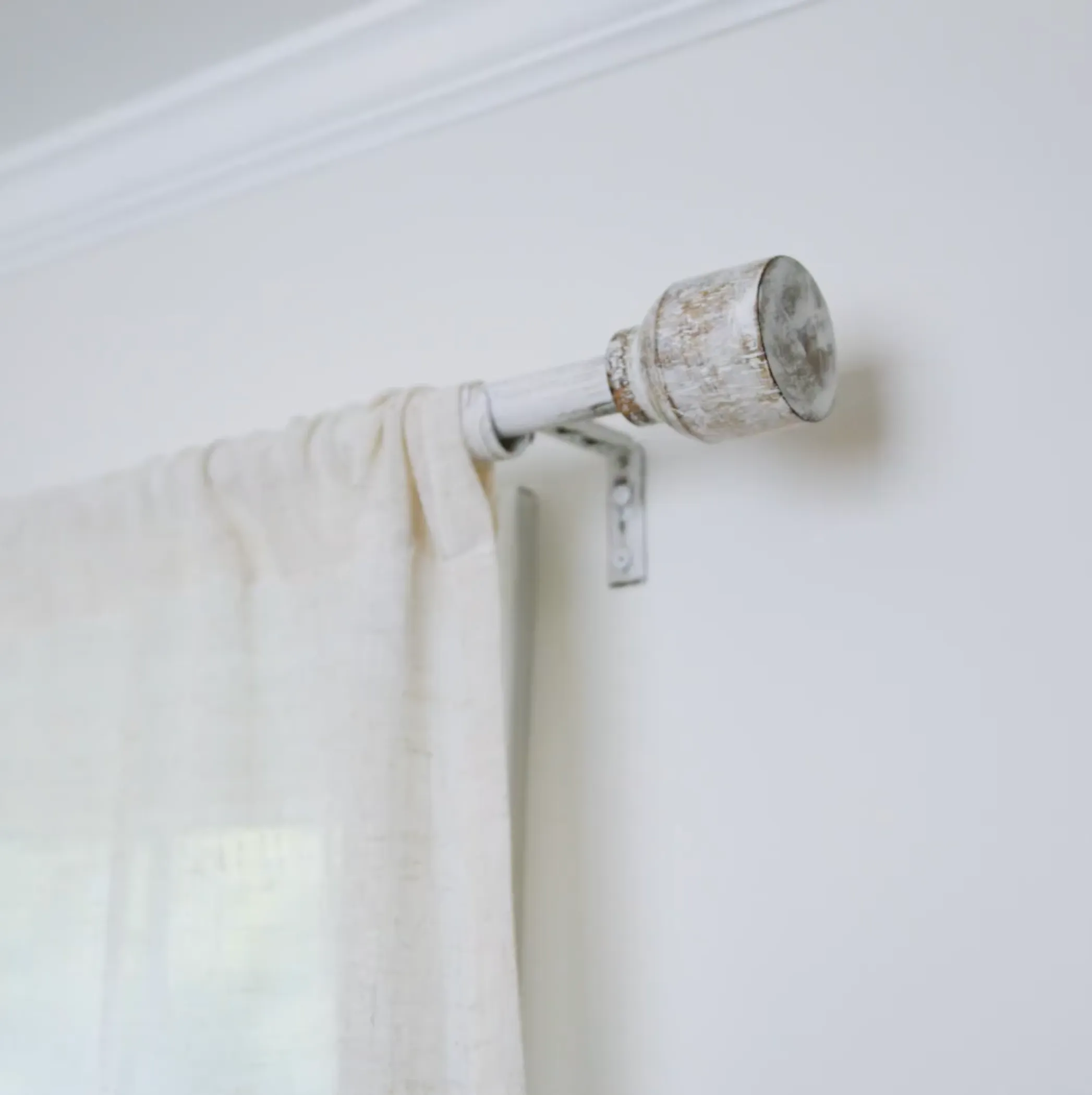 Modern "Cana" Distressed White Farmhouse Curtain Rod 28" - 48" , 48" - 84" , 84" - 144" (Single Curtain Rod Complete Set With Brackets)