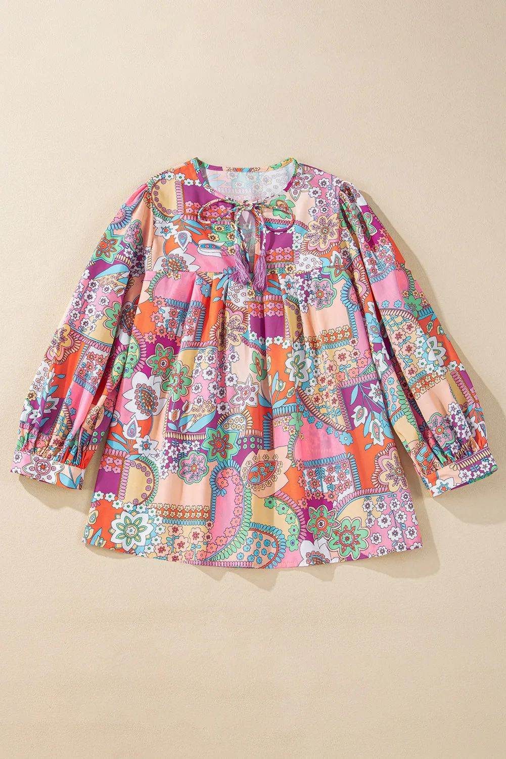 Multicolour Boho Floral Bubble Sleeve Tassel Tied Neck Pleated Blouse