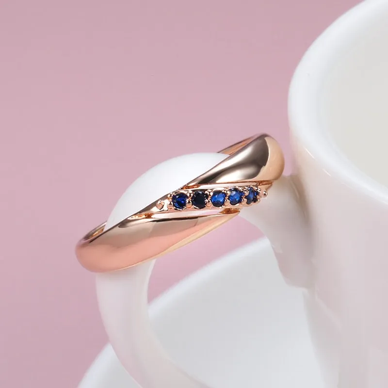 Natural Blue Zircon Ring for Women 585 Rose Gold Ethnic Wedding Jewelry