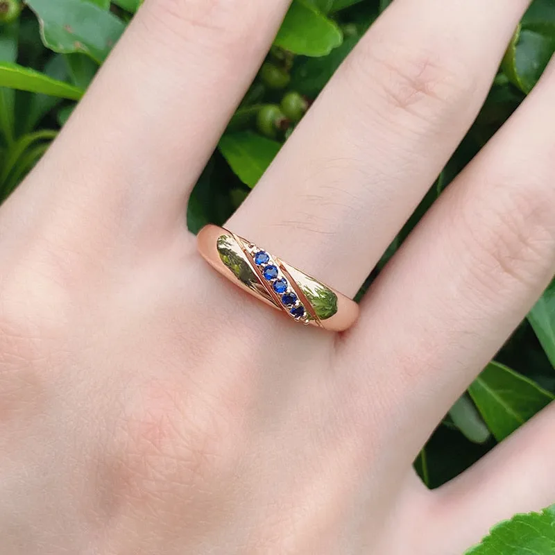 Natural Blue Zircon Ring for Women 585 Rose Gold Ethnic Wedding Jewelry