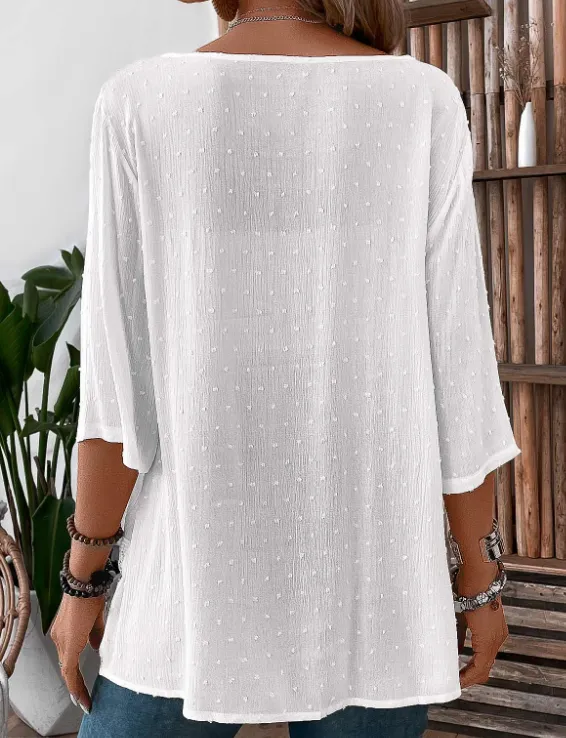 NEW MODLILY DESIGN White Patchwork 3/4 Sleeve V Neck Blouse, Sz L, Retails $77