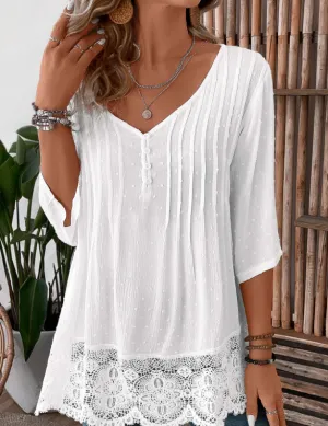 NEW MODLILY DESIGN White Patchwork 3/4 Sleeve V Neck Blouse, Sz L, Retails $77