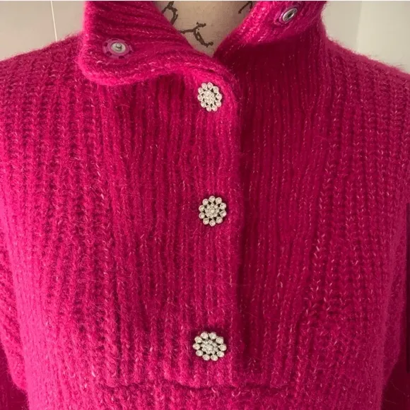 NWT $108 Express Oversized Wool Blend Embellished Snap Tunic Sweater Fuchsia XS
