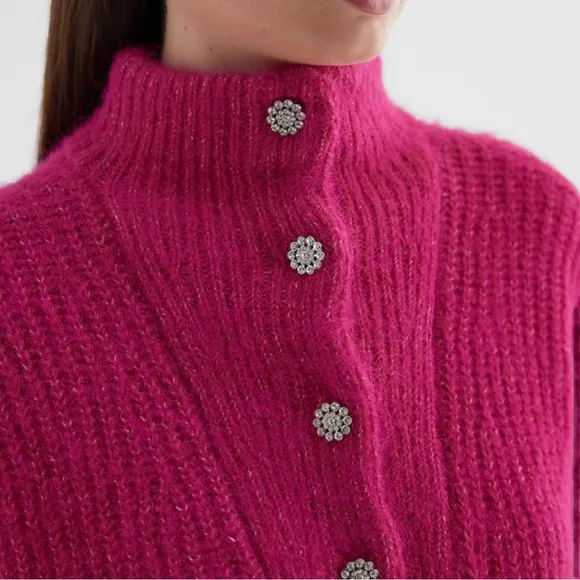 NWT $108 Express Oversized Wool Blend Embellished Snap Tunic Sweater Fuchsia XS