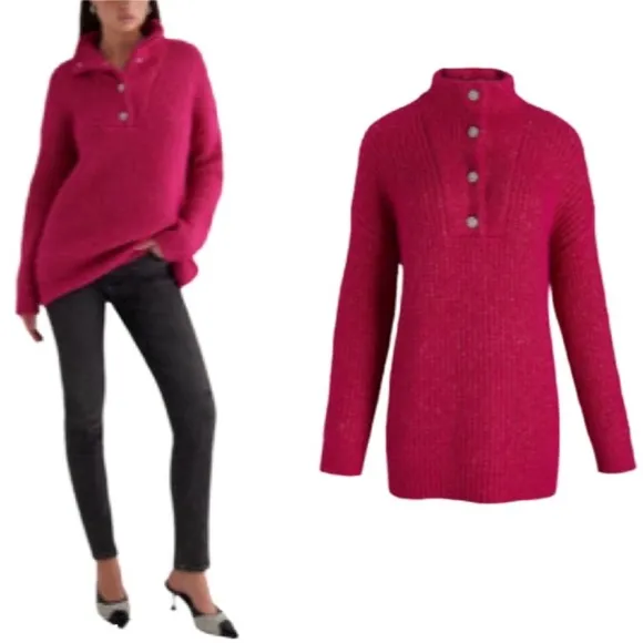 NWT $108 Express Oversized Wool Blend Embellished Snap Tunic Sweater Fuchsia XS