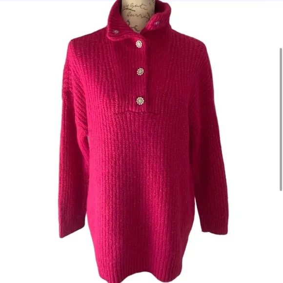 NWT $108 Express Oversized Wool Blend Embellished Snap Tunic Sweater Fuchsia XS