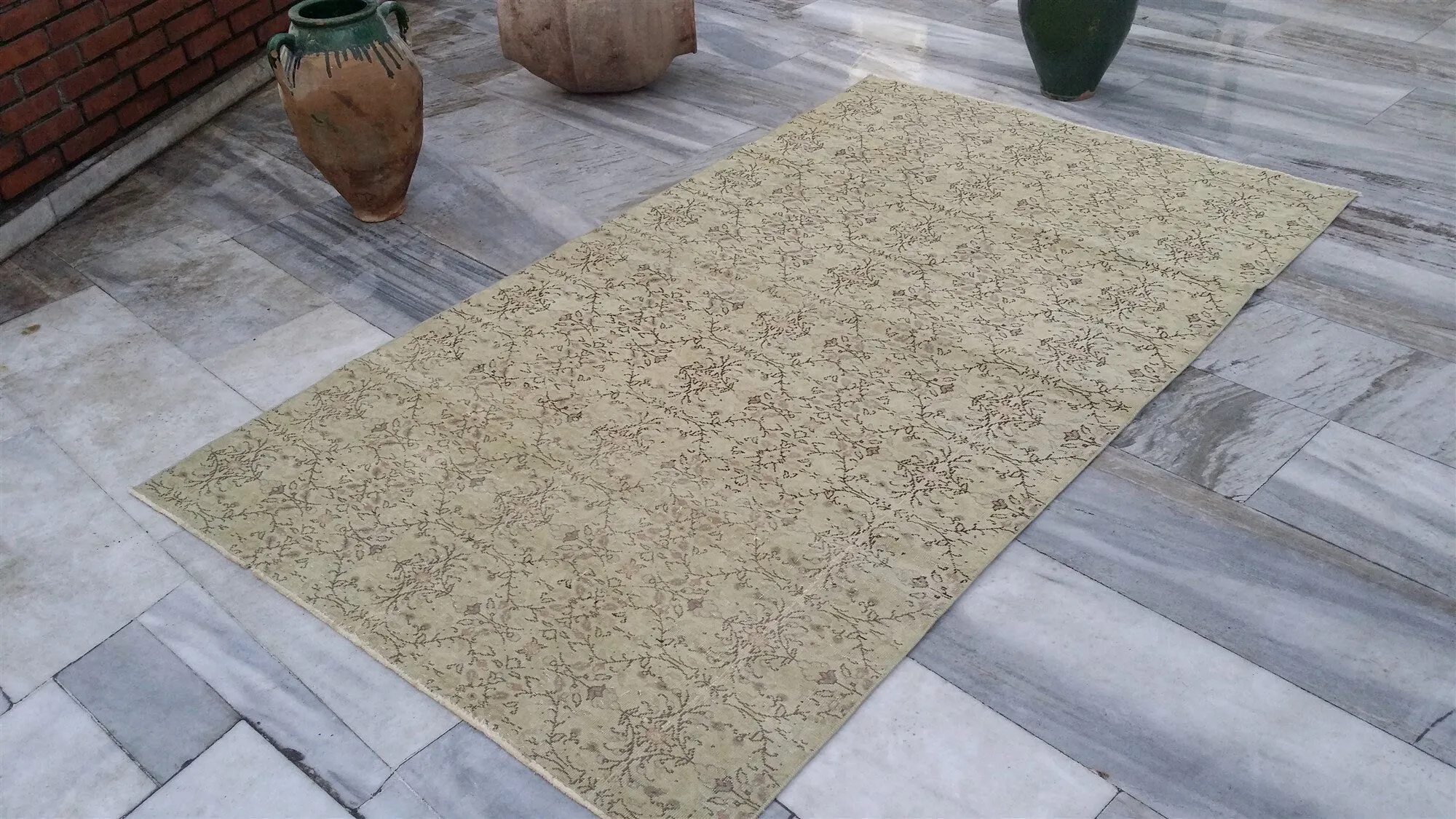 Pale Turkish Rug, Distressed Oushak Rug 7'1"x4'2"