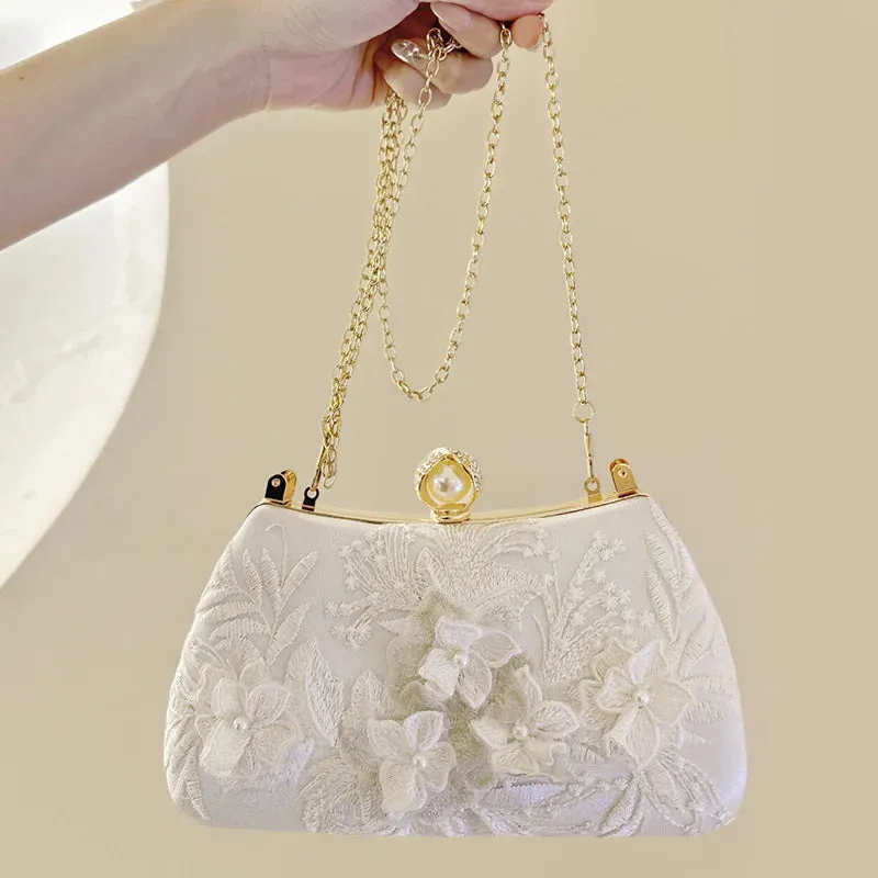 Pearl Chain Handbags Female White Embroidered Cheongsam Dress Clutch Purse Luxury Evening Bags Over Shoulder Party Wedding Prom
