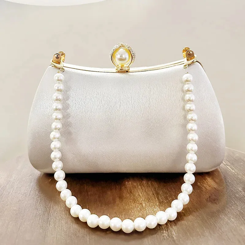 Pearl Chain Handbags Female White Embroidered Cheongsam Dress Clutch Purse Luxury Evening Bags Over Shoulder Party Wedding Prom