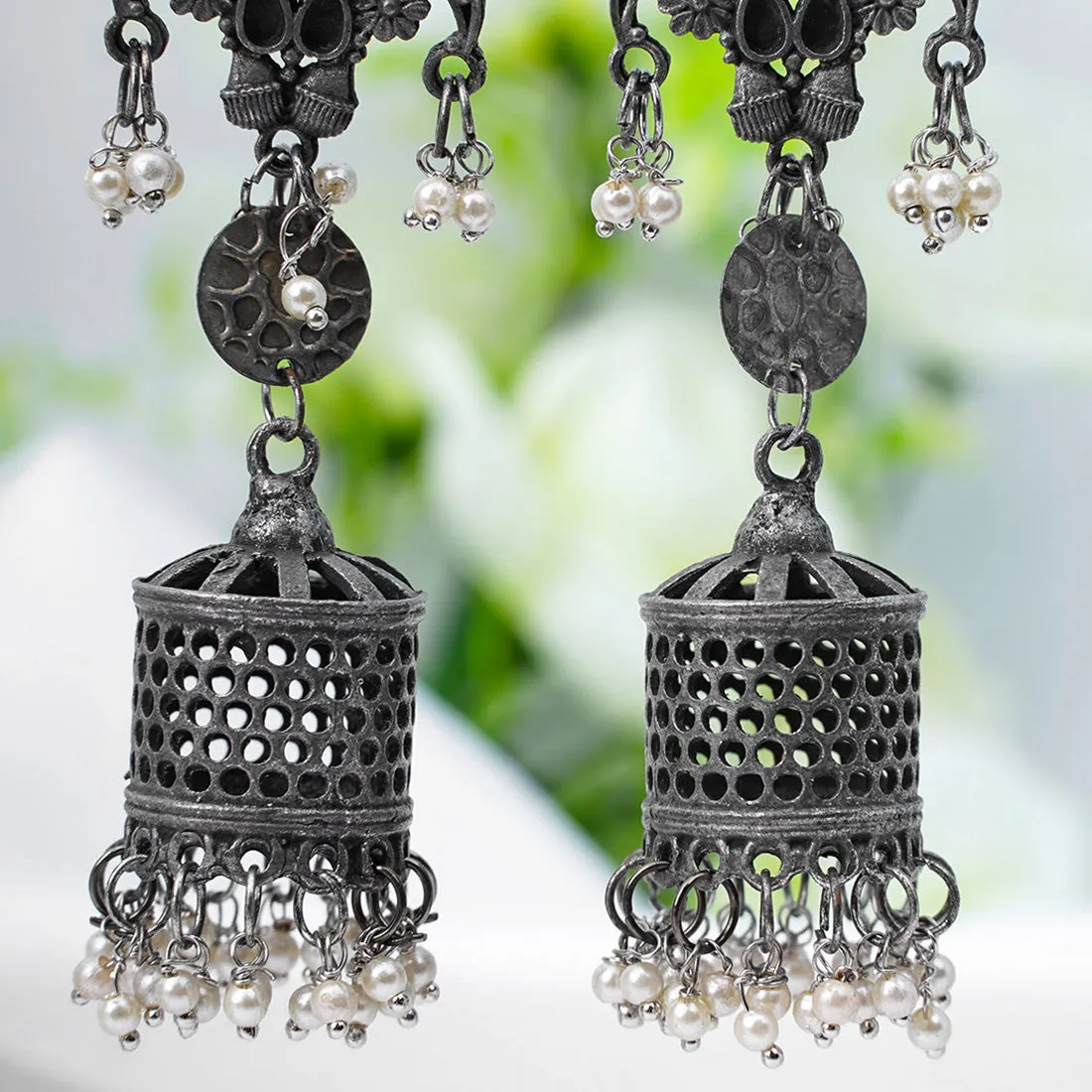 Pearly Oxidized Cage Jhumkas