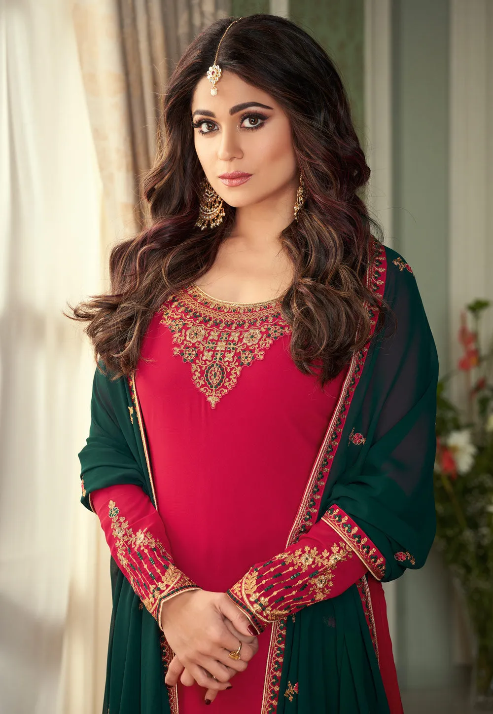Pink And Green Embroidered Ethnic Palazzo Suit