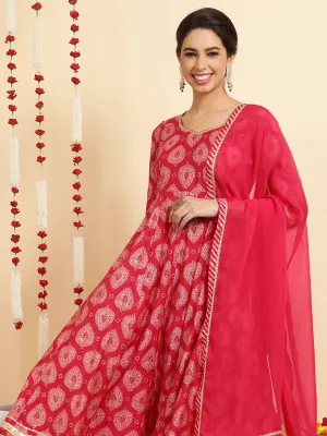 Pink Ethnic Motif Printed Anarkali Kurta Set With Dupatta