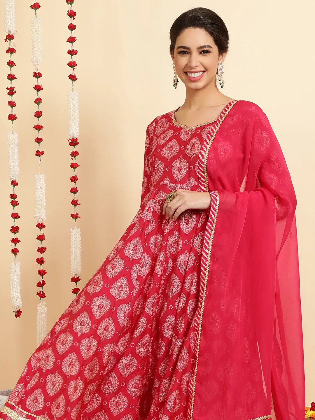 Pink Ethnic Motif Printed Anarkali Kurta Set With Dupatta