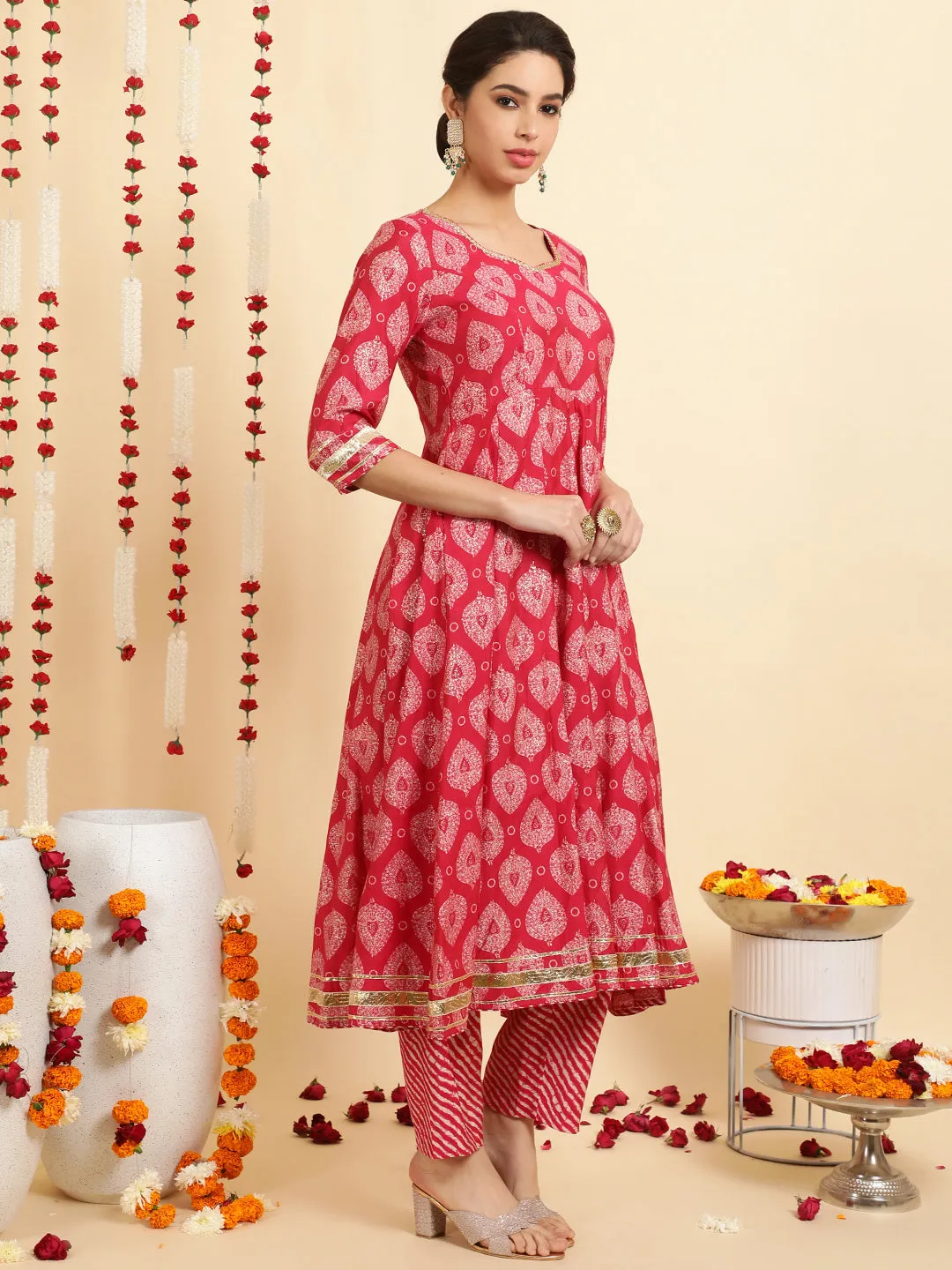 Pink Ethnic Motif Printed Anarkali Kurta Set With Dupatta