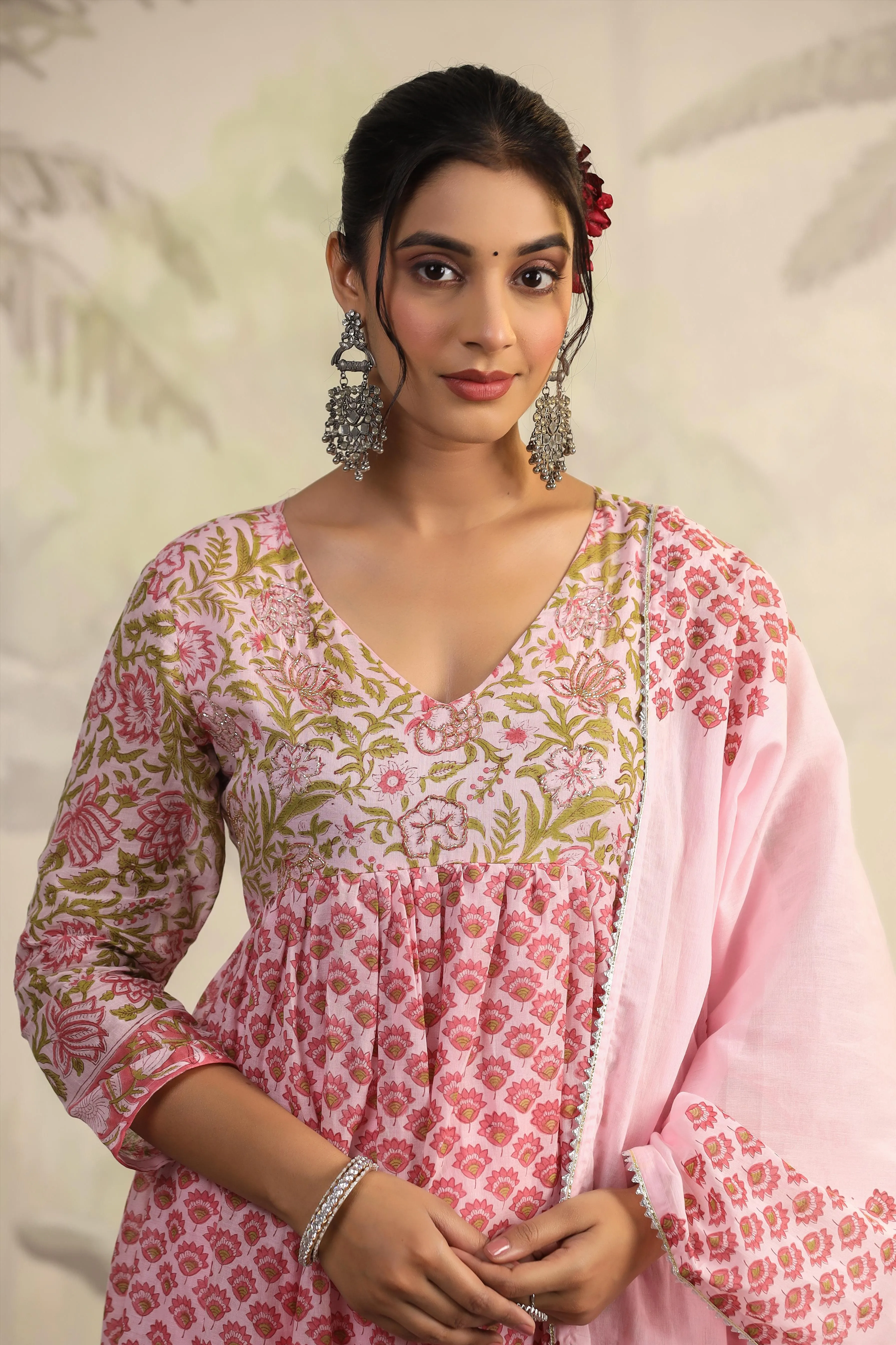 Pink Floral Handwork And Hand-Block Printed Anarkali Suit Set With Dupatta