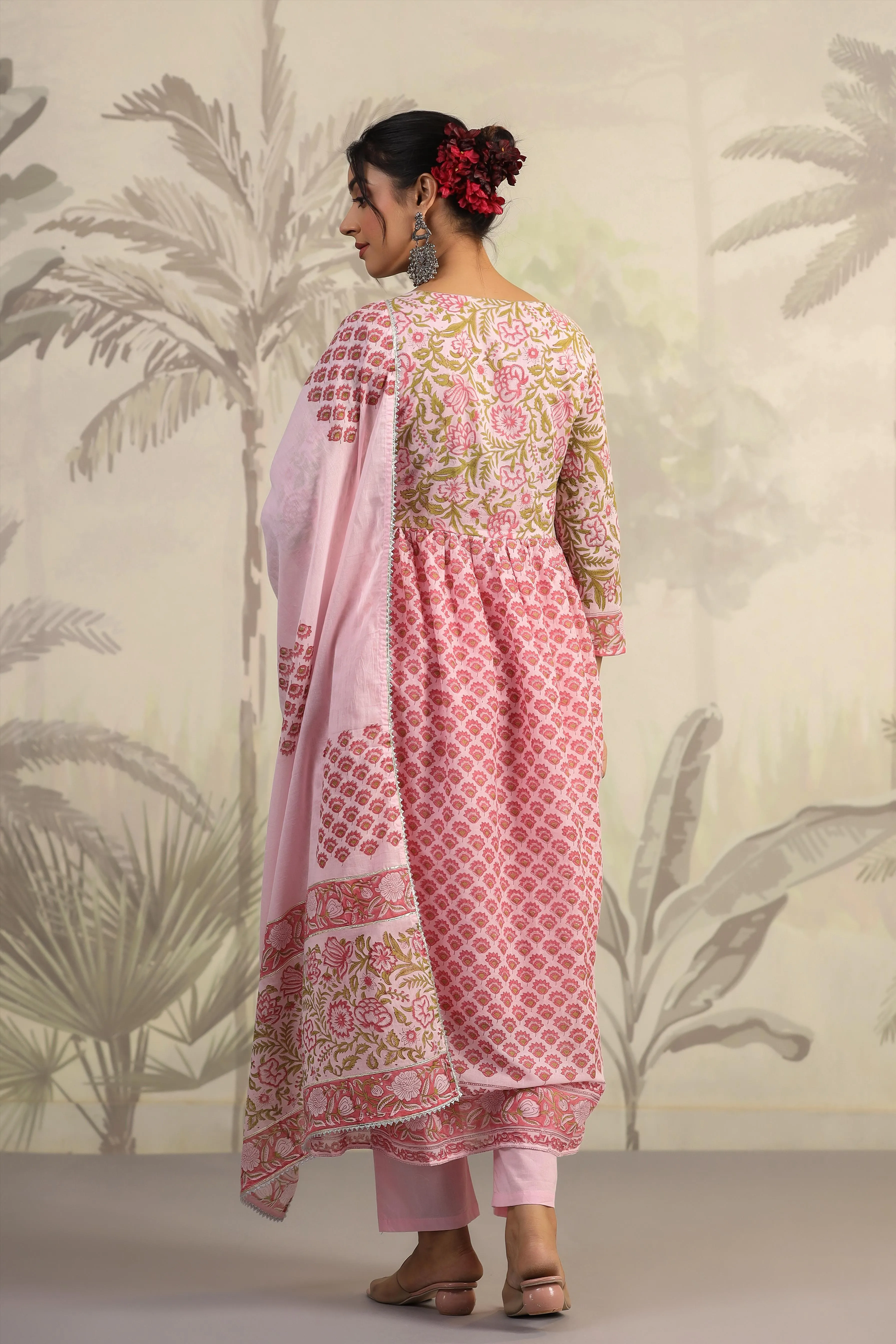 Pink Floral Handwork And Hand-Block Printed Anarkali Suit Set With Dupatta