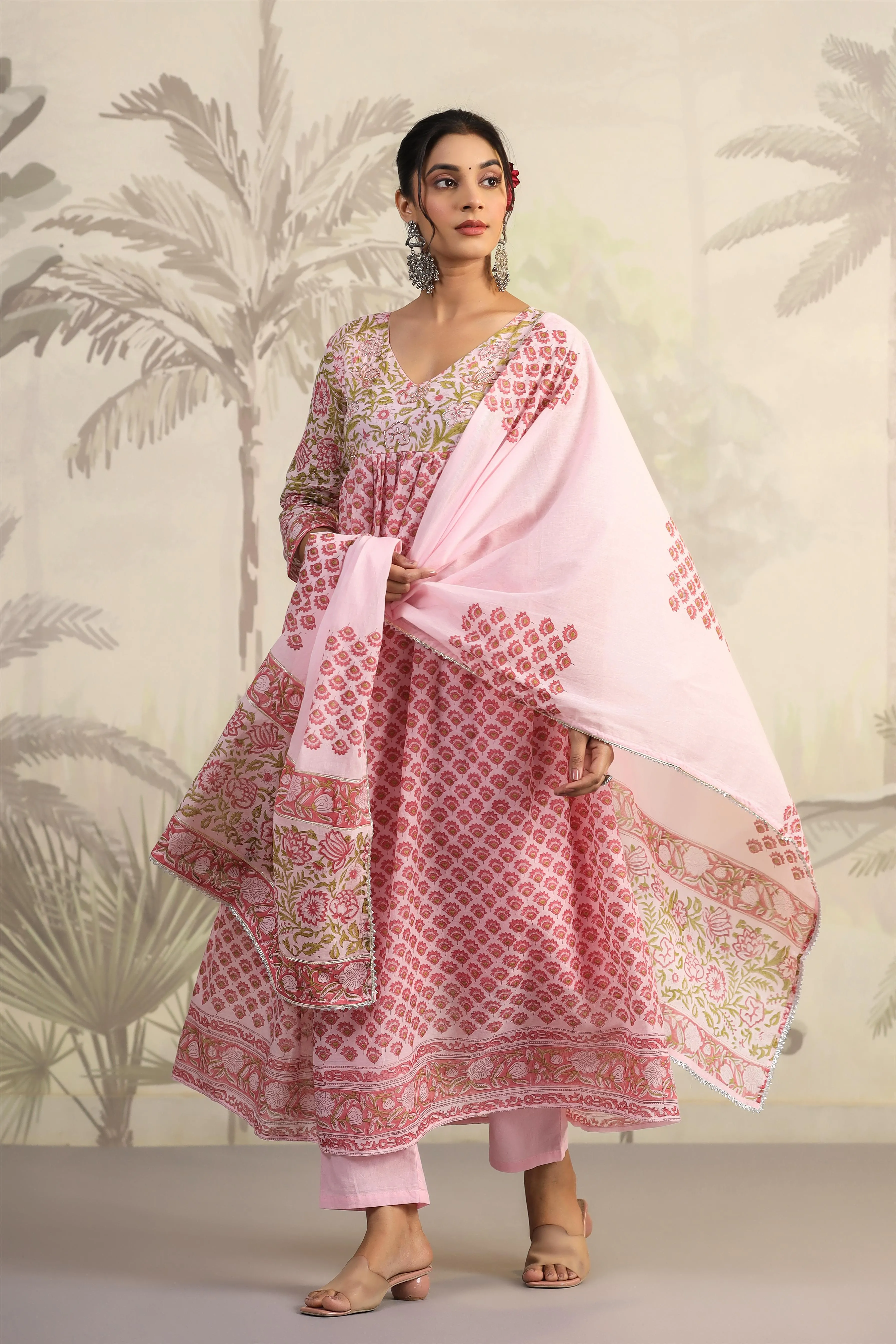 Pink Floral Handwork And Hand-Block Printed Anarkali Suit Set With Dupatta
