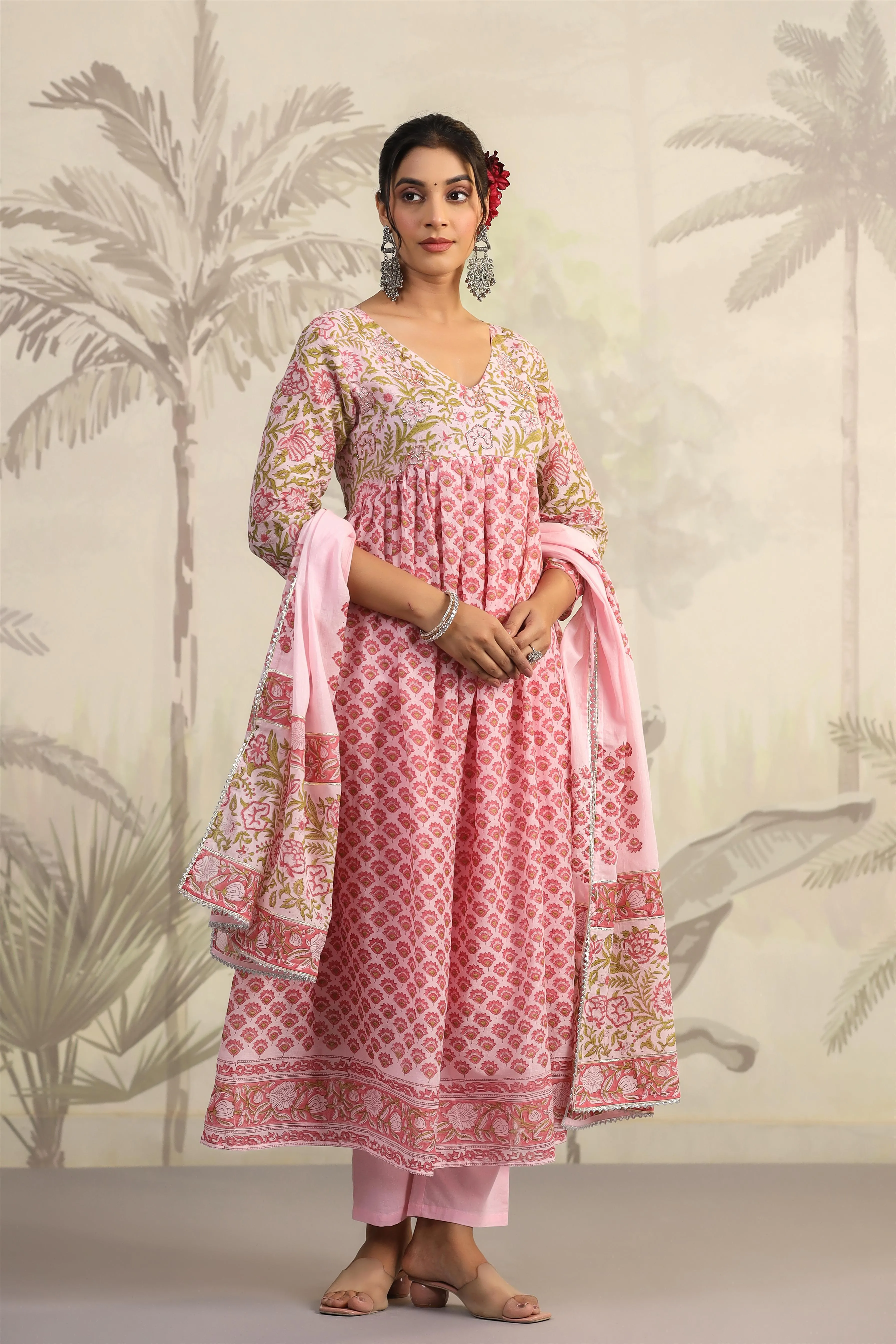 Pink Floral Handwork And Hand-Block Printed Anarkali Suit Set With Dupatta