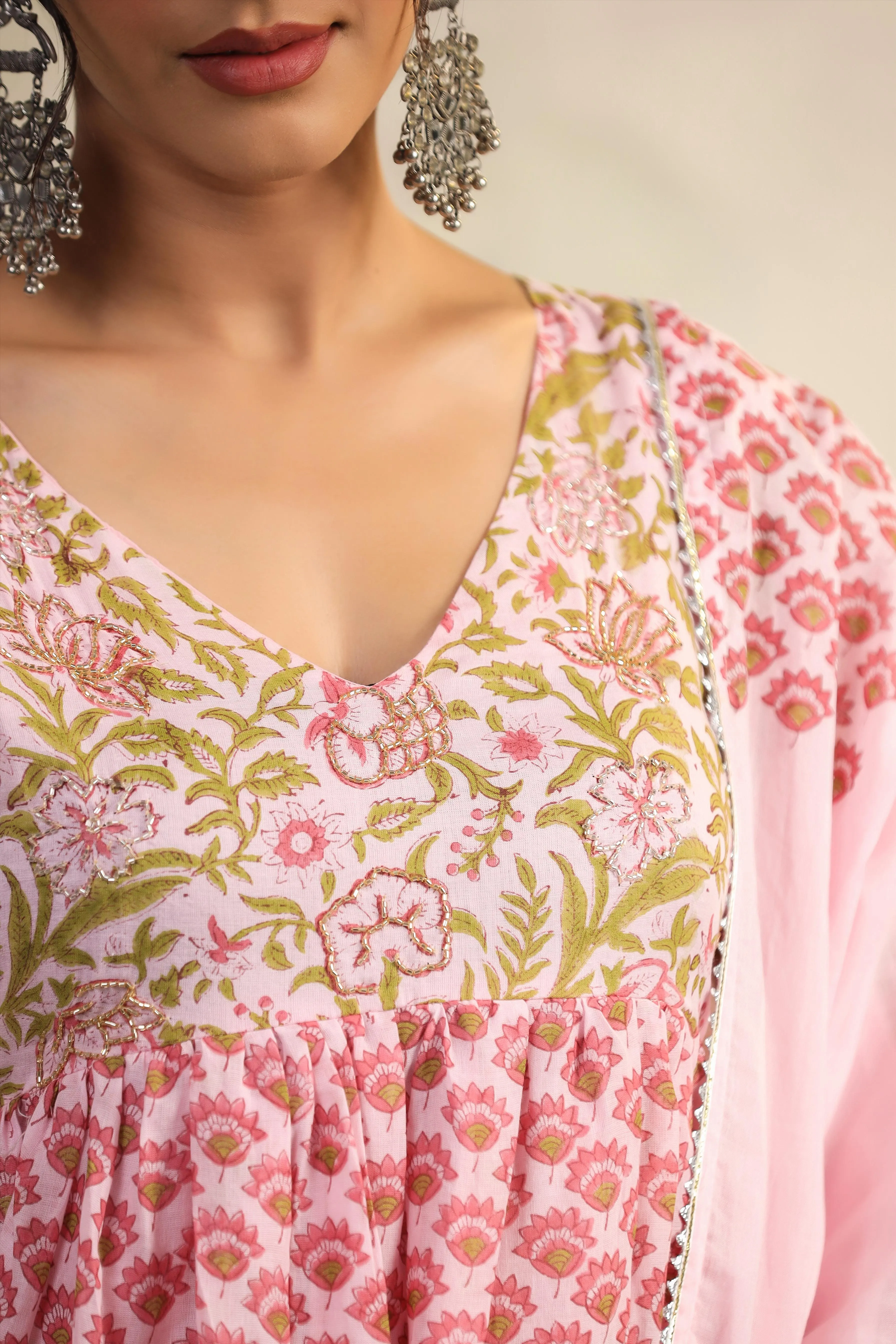 Pink Floral Handwork And Hand-Block Printed Anarkali Suit Set With Dupatta