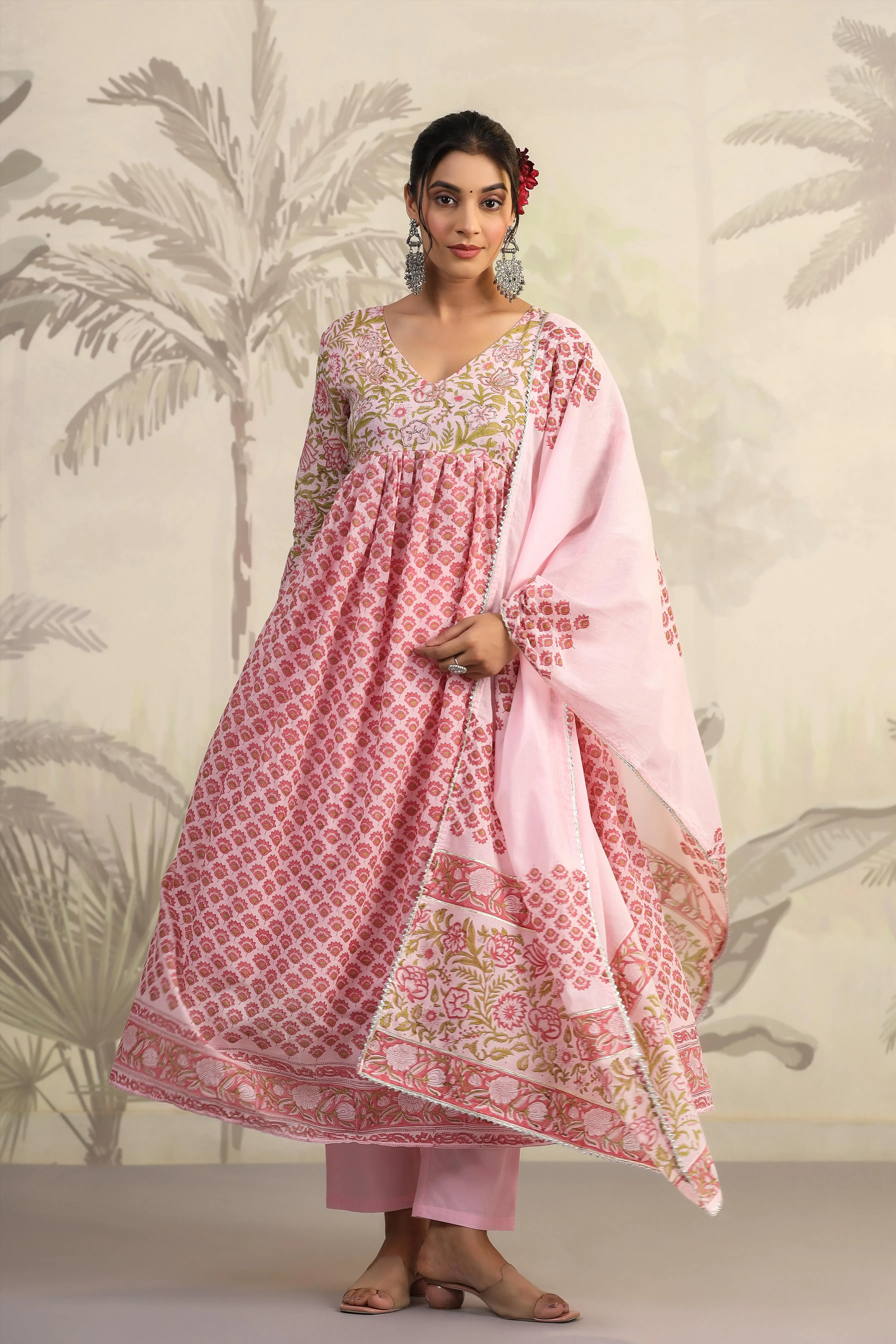 Pink Floral Handwork And Hand-Block Printed Anarkali Suit Set With Dupatta