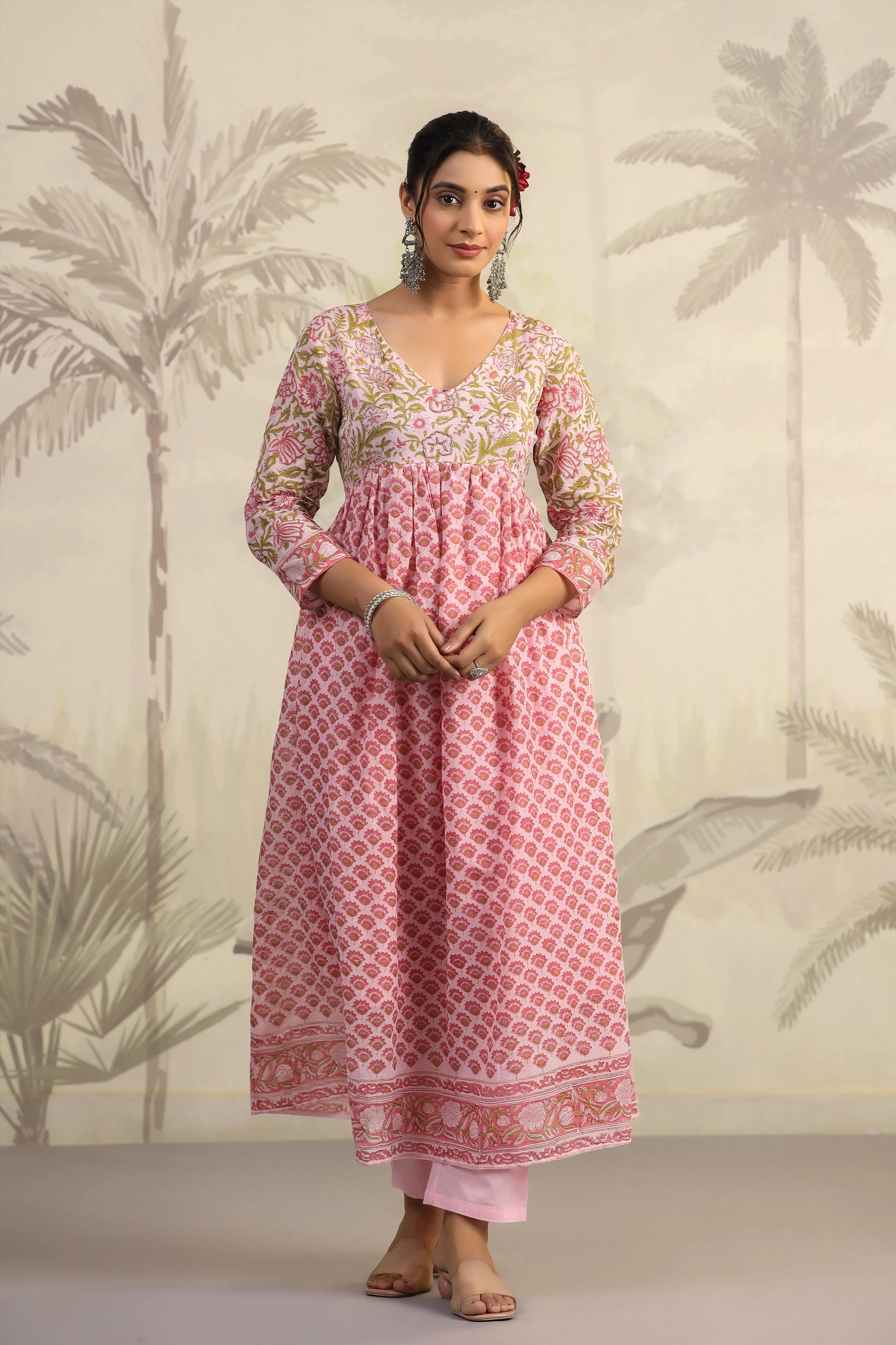 Pink Floral Handwork And Hand-Block Printed Anarkali Suit Set With Dupatta