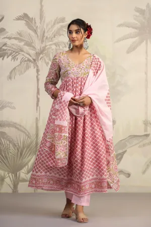 Pink Floral Handwork And Hand-Block Printed Anarkali Suit Set With Dupatta