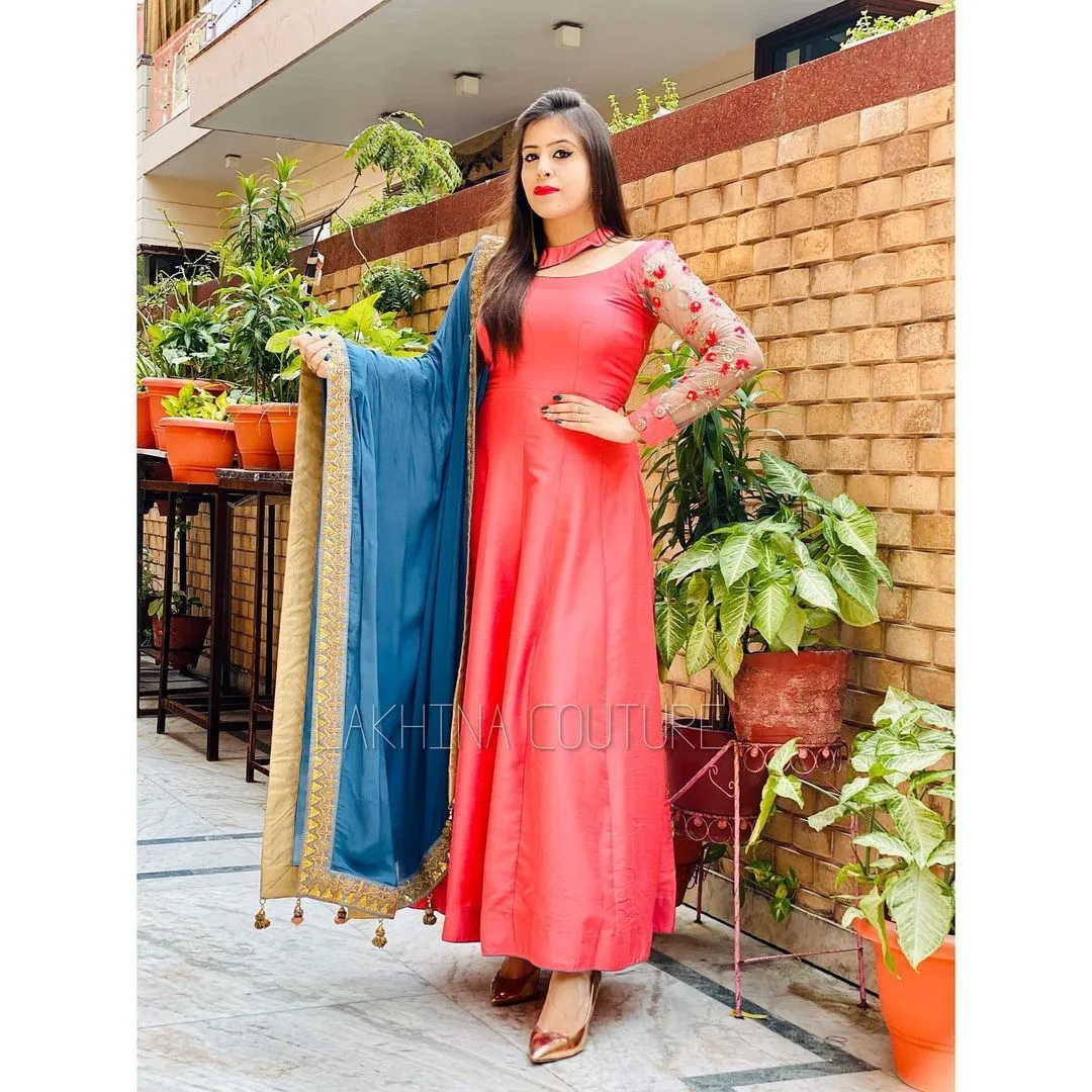 Pink Grey Silk Anarkali