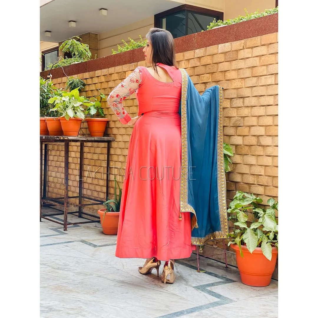 Pink Grey Silk Anarkali