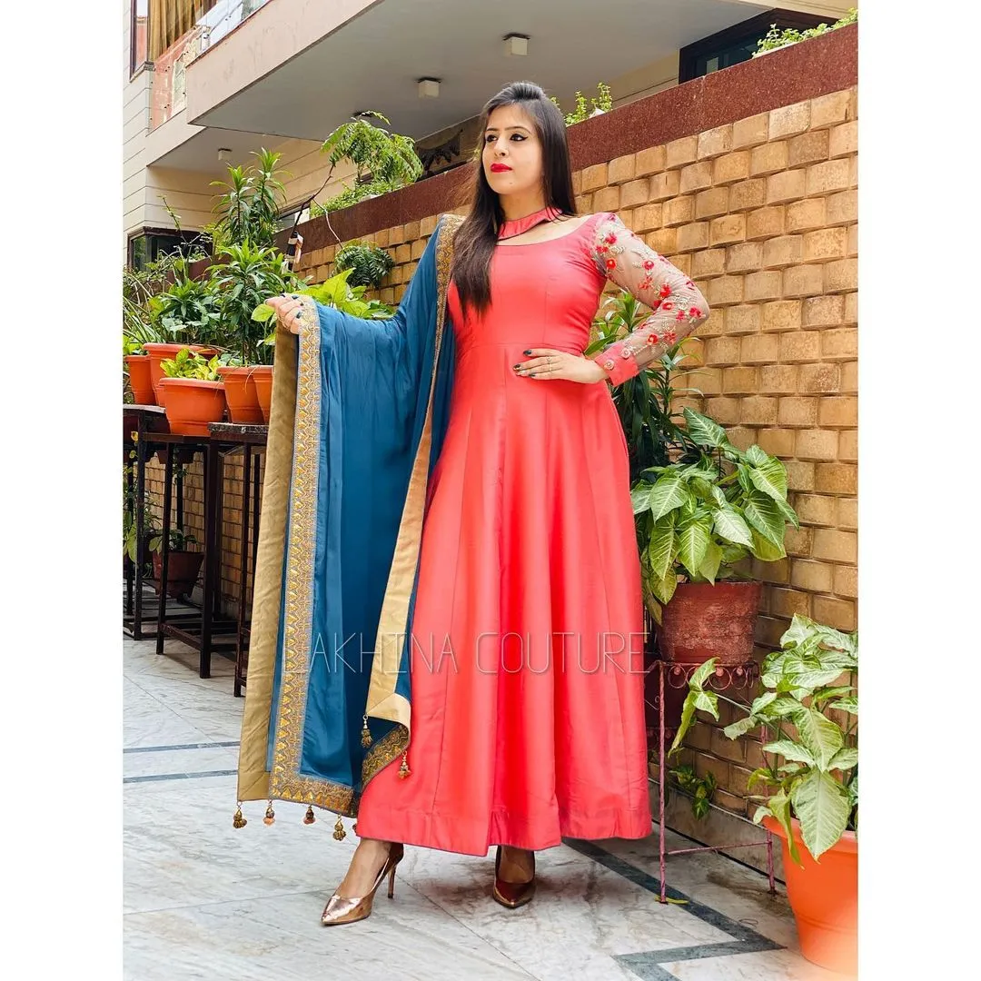 Pink Grey Silk Anarkali