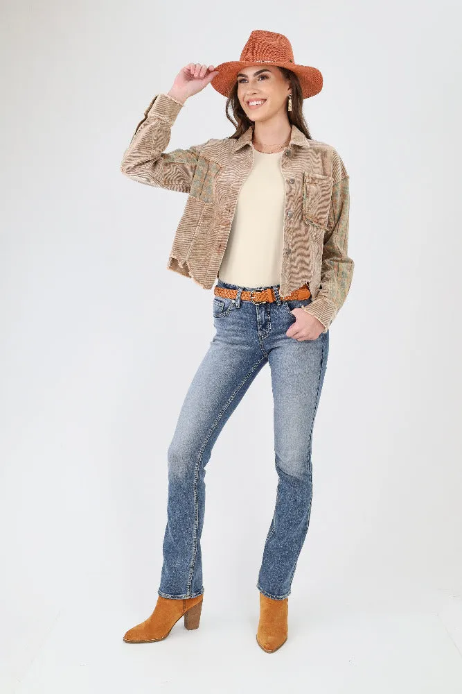 Plaid Distressed Corduroy Jacket -Camel