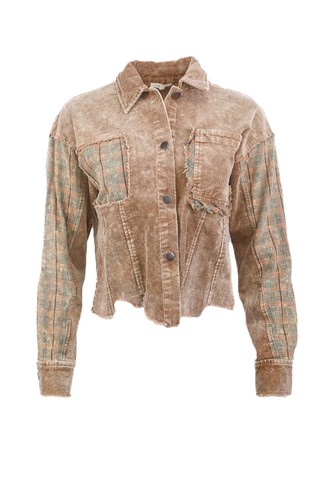 Plaid Distressed Corduroy Jacket -Camel