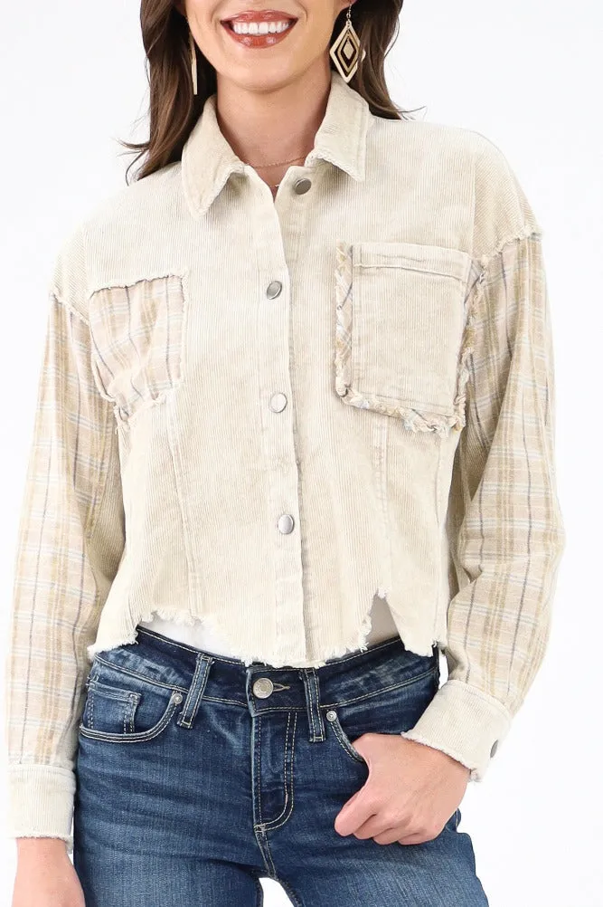Plaid Distressed Corduroy Jacket -Camel