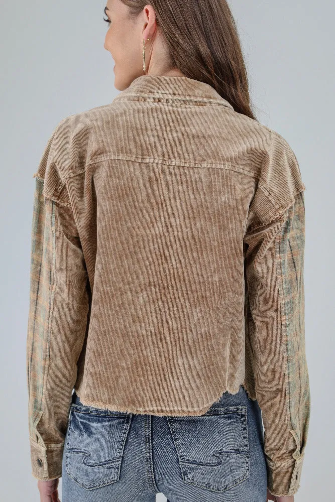 Plaid Distressed Corduroy Jacket -Camel
