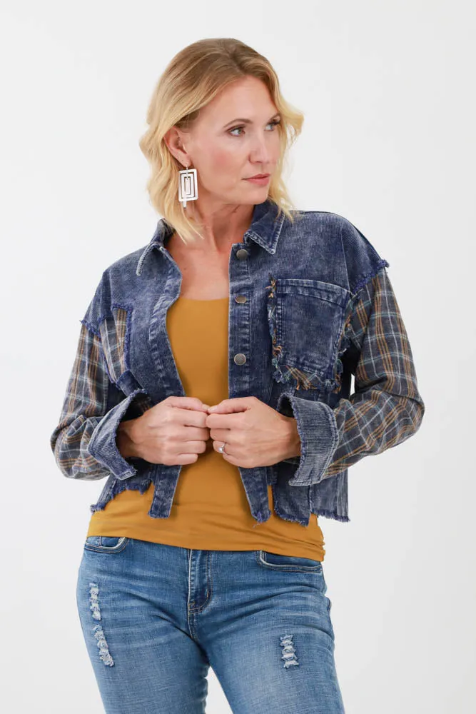 Plaid Distressed Corduroy Jacket -Camel