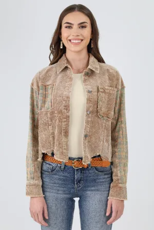 Plaid Distressed Corduroy Jacket -Camel