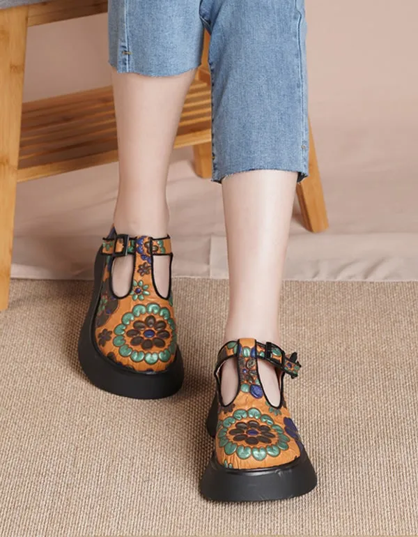 Platform Round Head Ethnic Style Printed Shoes