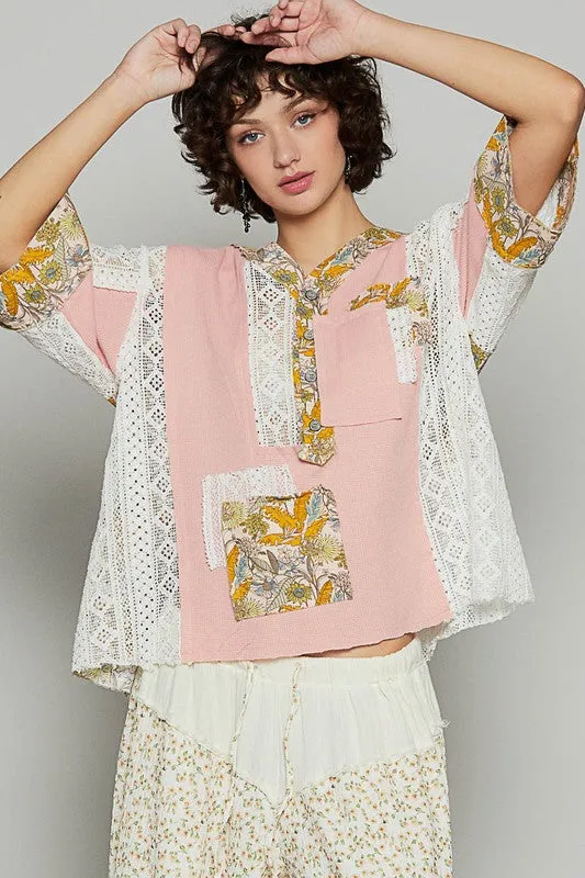 POL Vintage Washed Lace Patchwork Printed Half Button Top