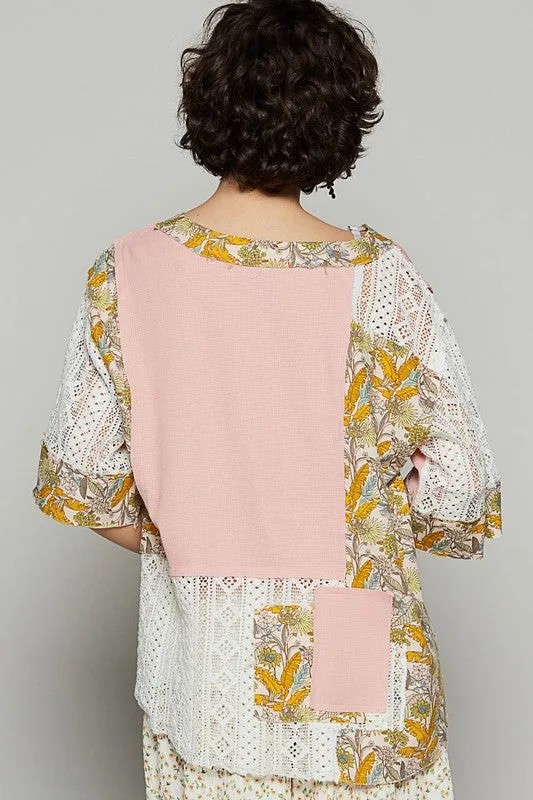 POL Vintage Washed Lace Patchwork Printed Half Button Top
