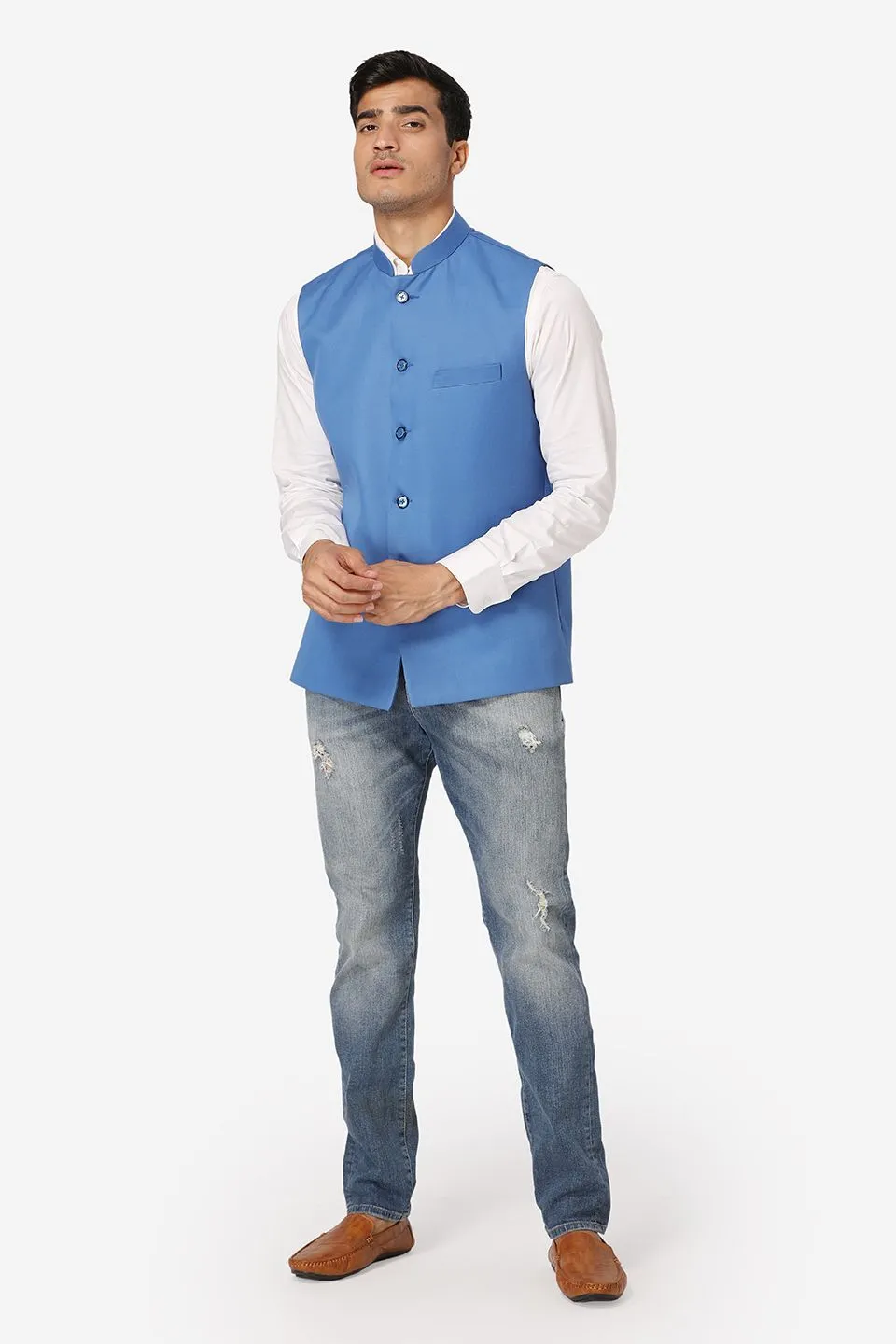 Polyester Cotton Blue Modi Nehru Jacket