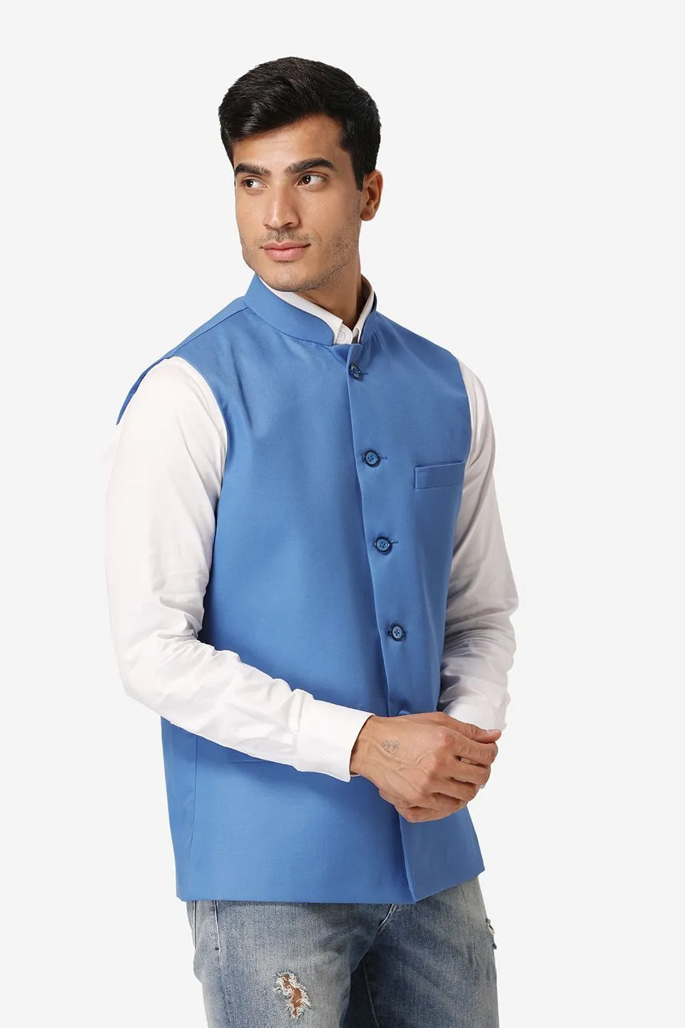 Polyester Cotton Blue Modi Nehru Jacket